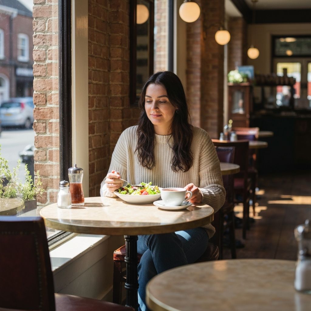 Woman relaxing at café with healthy lunch and tea